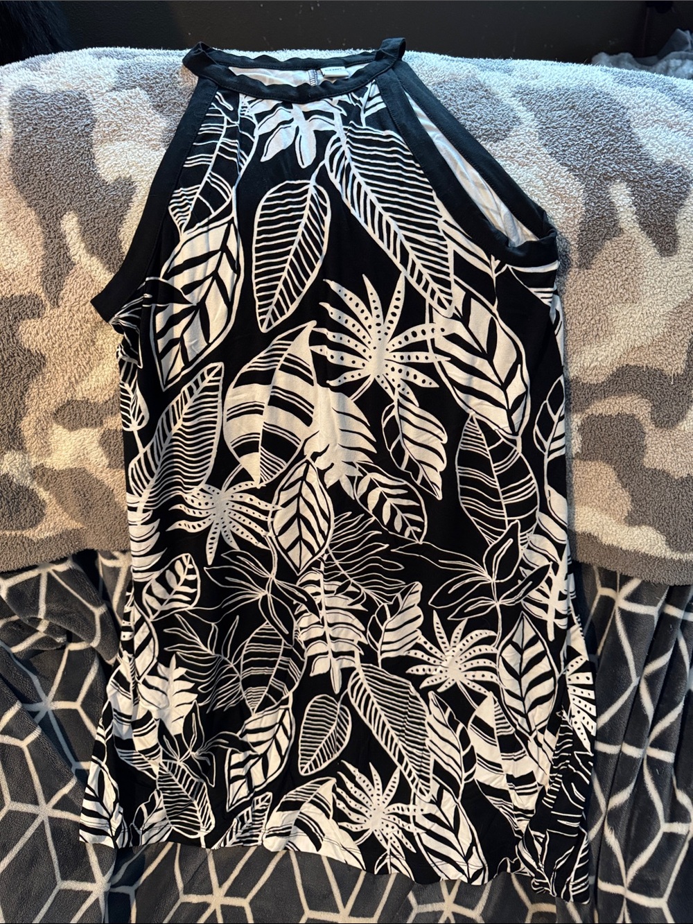 Black & White Tropical Leaf Halter Dress